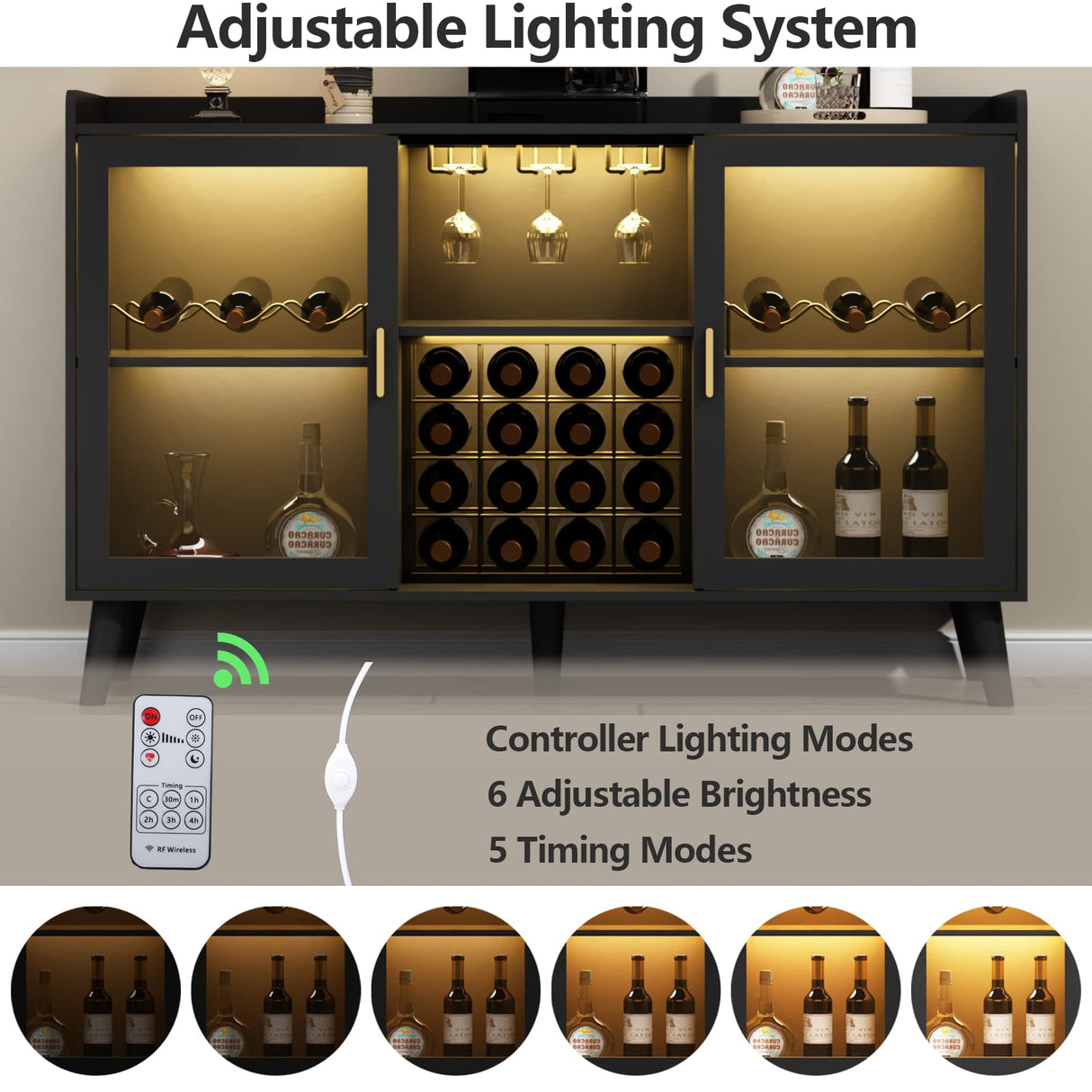 Auromie Wine Bar Cabinet with Led Light, Home Coffee Cabinet with Wine and Glass Rack, Kitchen Buffet Sideboard with Storage Shelves, Freestanding Liquor Cabinet for Living Room, Dining Room (Black) Auromie