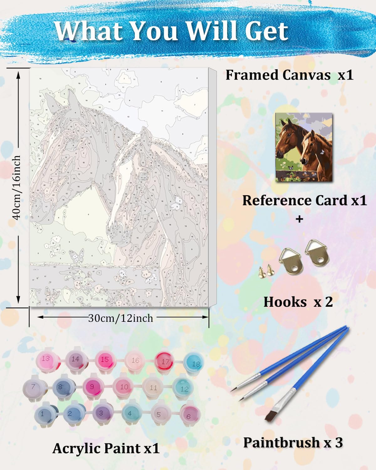 TOCARE Framed Paint by Numbers Kit for Adults, Horse Paint by Numbers with Frame,Horse Paint by Number Framed Canvas for Adults Animals (12x16Inch,Without Easel) TOCARE