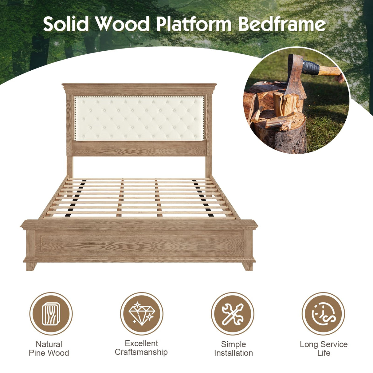 YUMPIE Rustic Solid Wood King Bed Frame with 68" Tall Headboard, Chenille Upholstered Farmhouse Panel Platform Bed Mattress Frame, Button Tufted/Antique Brass Nail Trim/No Box Spring Needed, Milk Ash YUMPIE