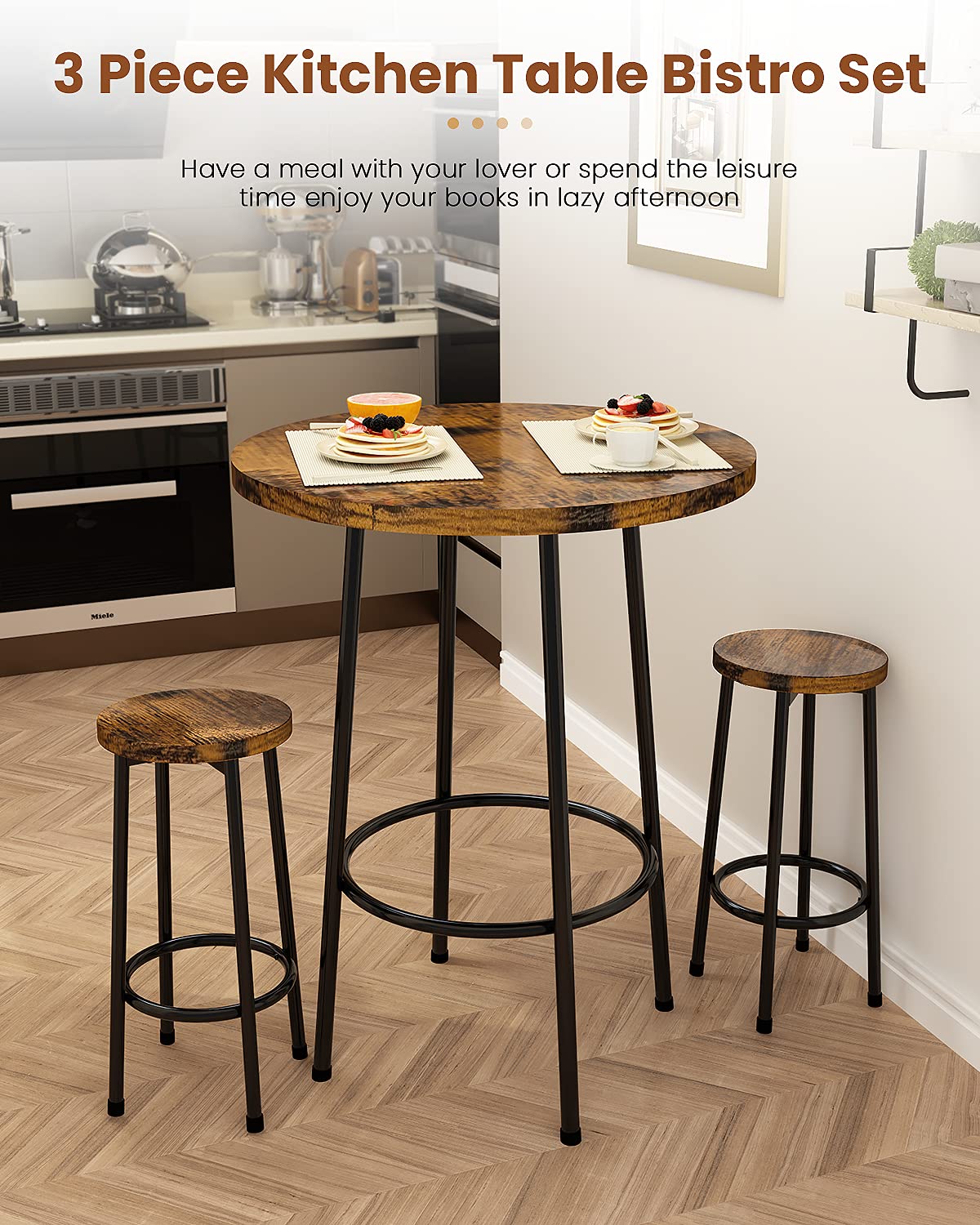 Recaceik 3 Piece Pub Dining Set, Modern Round bar Table and Stools for 2 Kitchen Counter Height Wood Top Bistro Easy Assemble for Breakfast Nook Living Room Small Space Restaurant, Rustic Brown 23 Recaceik