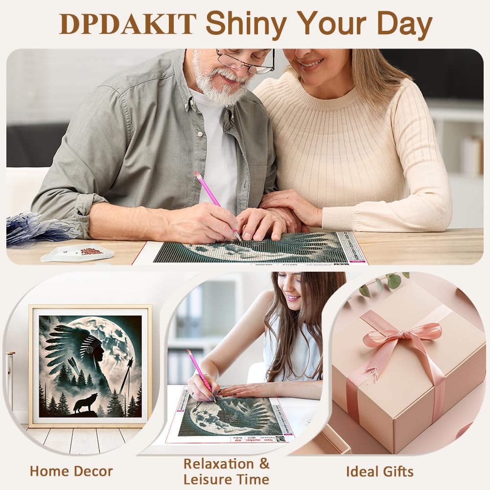 DPDAKIT Wolf Diamond Art Kits for Adults, Native American Diamond Painting Kits for Beginner, 5D DIY Round Full Gem Art Crafts for Home Wall Decor Gift, 12x12inch DPDAKIT