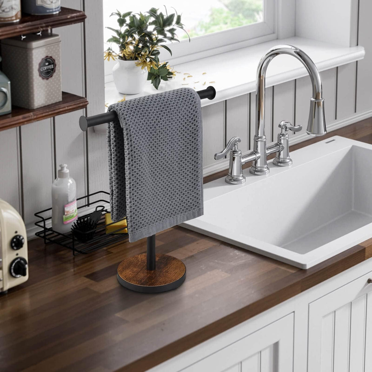 BCOZLUX Towel Holder Stand, Countertop Hand Towel Stand for Bathroom and Kitchen, Free Standing Counter Towel Rack with Weighted Wood Base, Rustic Black and Brown BCOZLUX