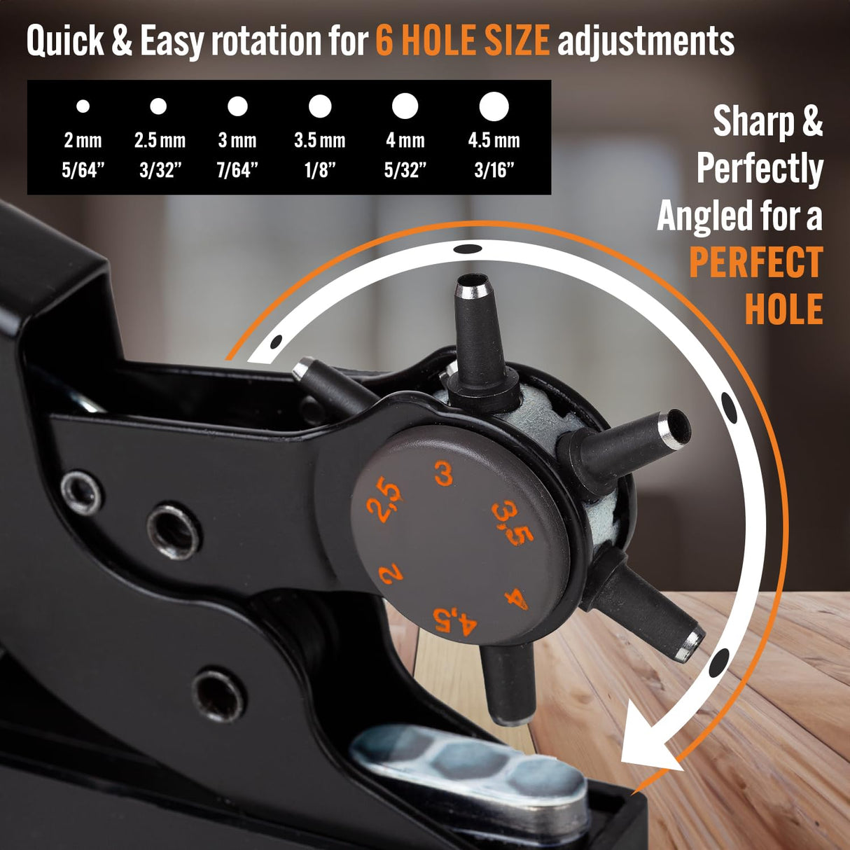 Desktop Leather Belt Hole Puncher Tool - Easier to Use Tabletop Design for Watch Band, Handbag Strap. Heavy Duty Carbon Steel, Precision 6 Sizes Hole Punch for Fabric, Crafts, Easy DIY PRO-MASTER SMART & SIMPLE