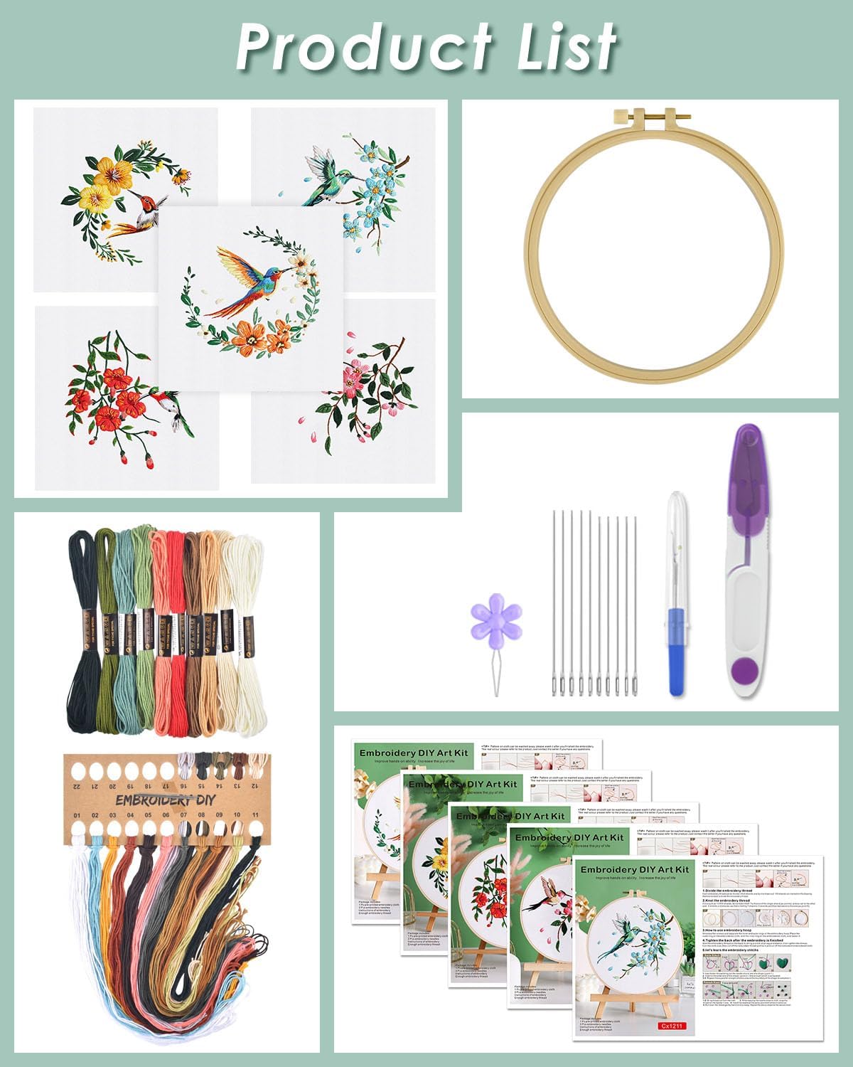 ERKOON 5 Sets Embroidery Kit for Beginners, Hummingbird and Flower Cross Stitch Set for Include Embroidery Cloth Hoops Threads for Craft Lover Hand Stitch with Embroidery Skill Techniques ERKOON