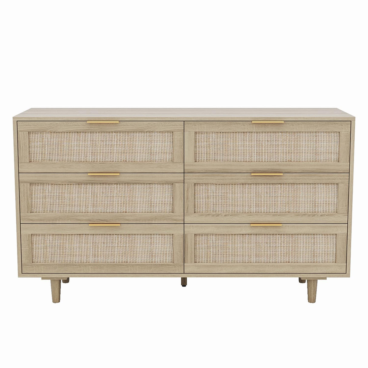 Angel Sar Rattan Dresser for Bedroom, 6 Drawer Wide Dresser, Boho&Farmhouse Chest of Drawers, 51" Clothes Storage Cabinet, Metal Handle&Wood Legs for Hallway, Living Room, Bedroom, Wood Angel Sar