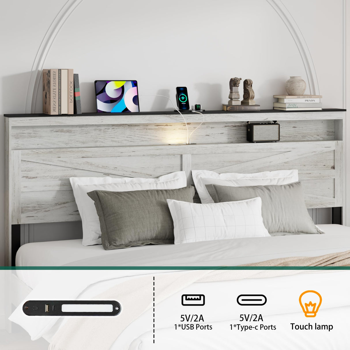 PAUKIN King Size Bed Frame with Headboard, Rustic Farmhouse Wood Bed Frame with LED Lights and Charging Station, Easy Assembly, No Box Spring Needed (White, King) PAUKIN