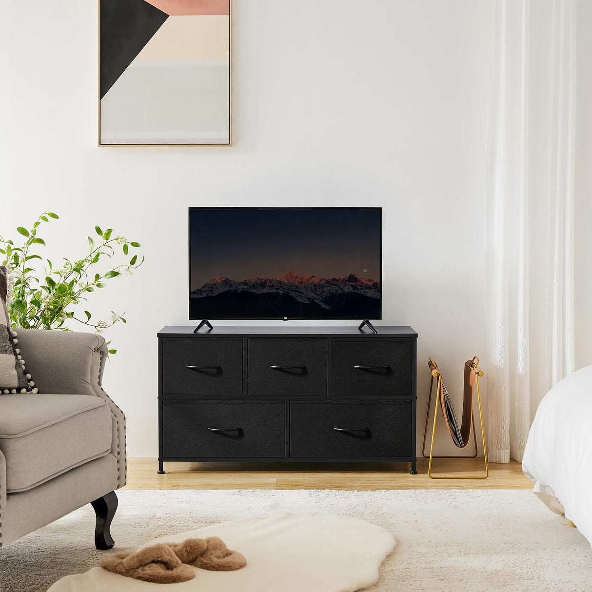 OLIXIS 5 Drawers Dresser for Bedroom, Fabric Storage Tower for Living Room, Entryway, Sturdy Steel Frame, Wooden Top & Easy Pull Fabric Bins OLIXIS