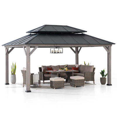 Sunjoy 12 x 16 ft. Wood Gazebo, Outdoor Patio Hardtop Gazebo, Standard Cedar Framed Wooden Gazebo with 2-Tier Metal Roof, Suitable for Patios, Lawn and Backyard, Matte Black Roof + Gray Wood Frame