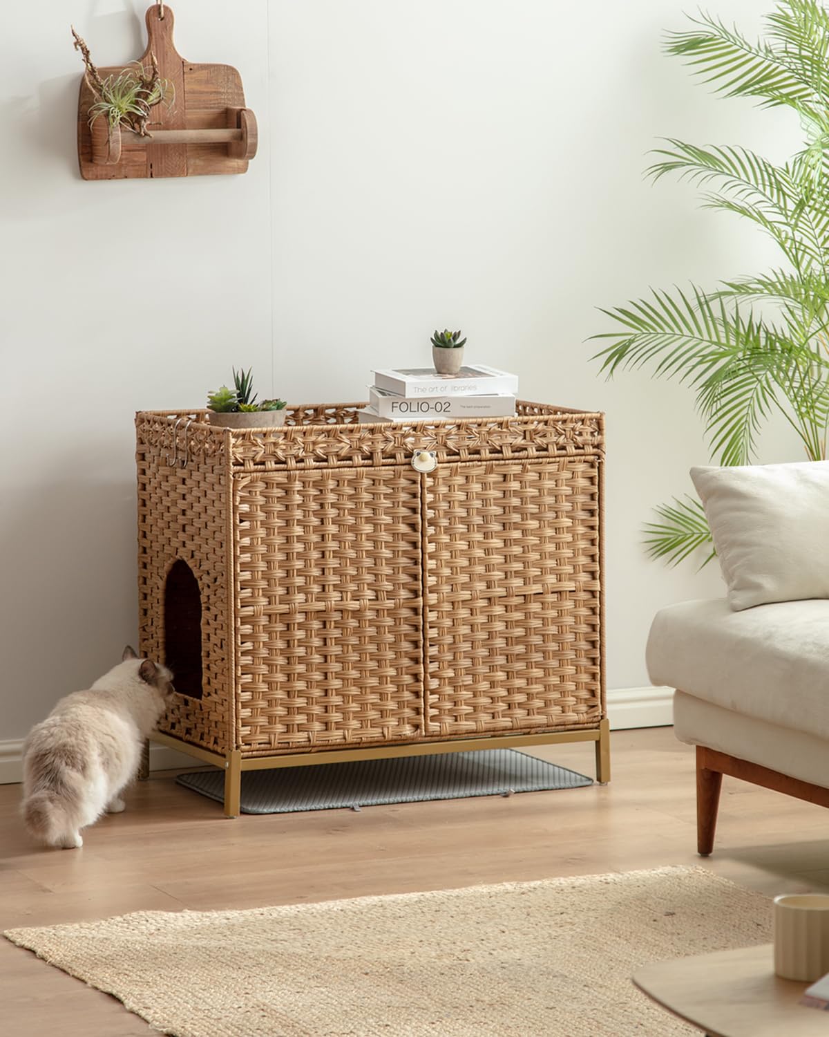 SETVSON Cat Litter Box Enclosure, Hidden Litter Box Furniture with Cat Litter Mat, Large Hidden Cat Litter Box Furniture, Handwoven Rattan Cat House with Metal Heightened Feet 30.3×18.3×28 Inches SETVSON