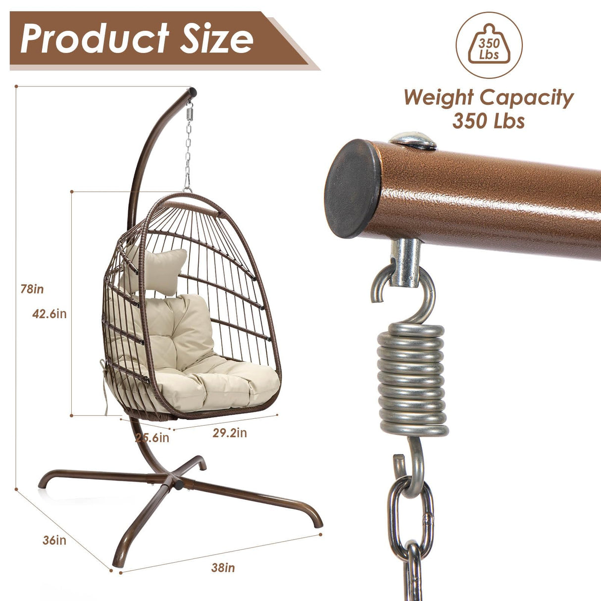 NICESOUL® Egg Chair Indoor Outdoor Patio Wicker Hanging Chair with Stand, Swing Egg Chairs All Weather Resistant with Thicken Comfy Cushions, 350lbs Capacity for Bedroom Balcony Brown NICESOUL