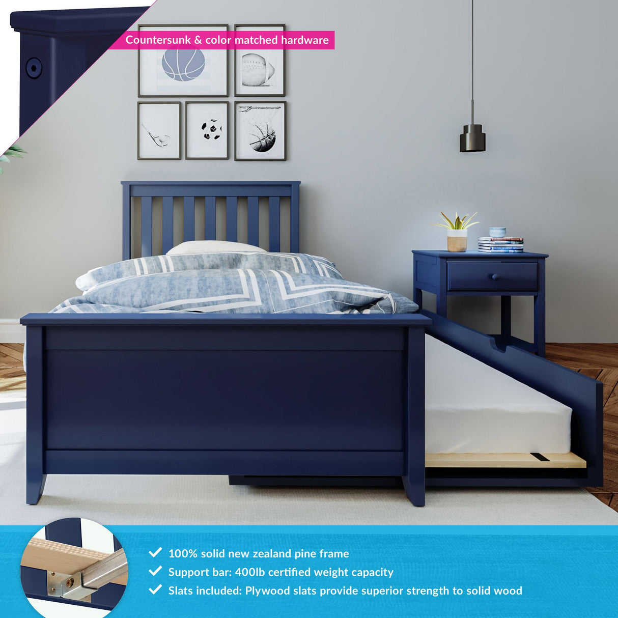 Max & Lily Twin Bed, Wood Bed Frame with Headboard For Kids with Trundle, Slatted, Blue Max & Lily
