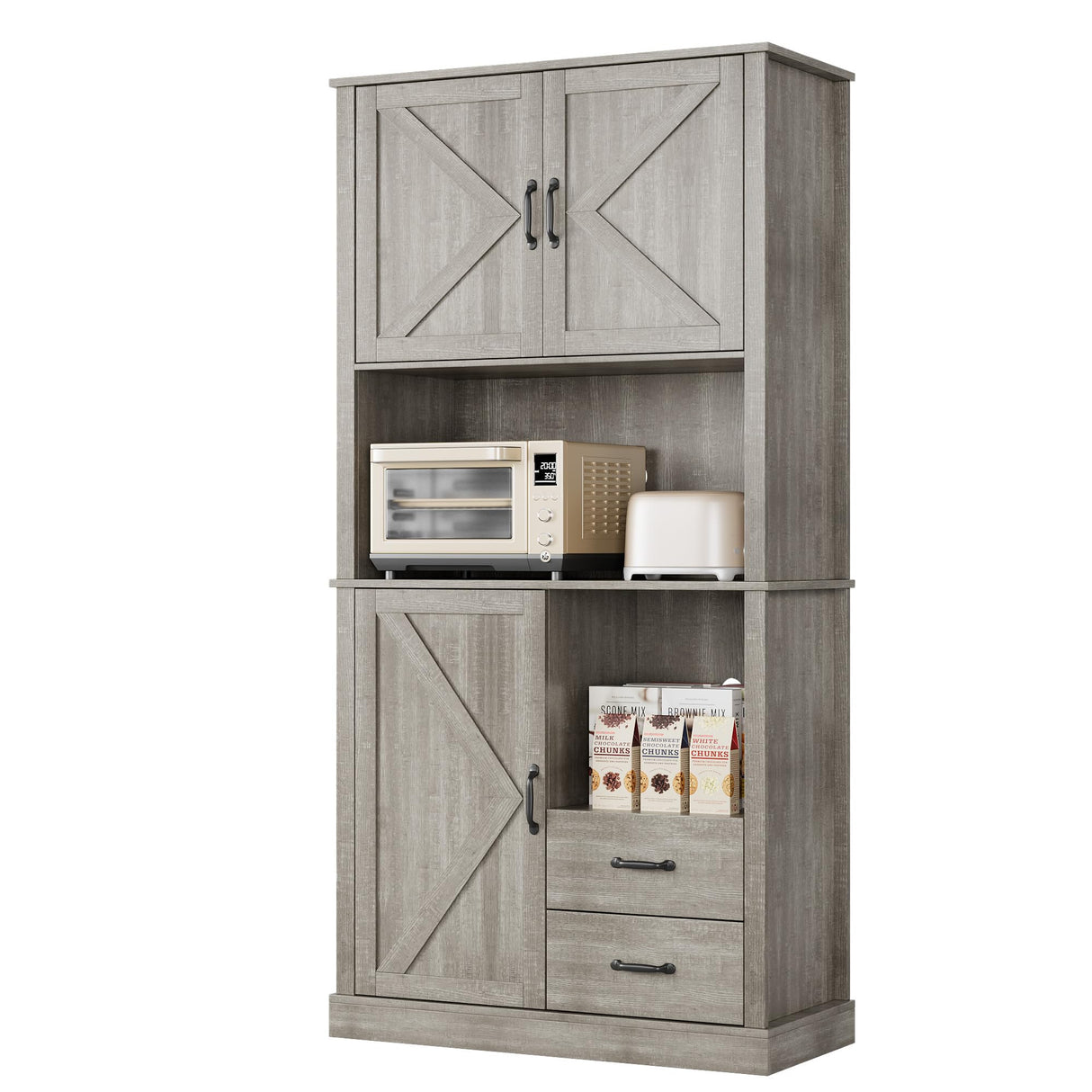 GarveeHome Modern Kitchen Pantry Cabinet with Microwave Stand, Tall Hutch Bar Cabinet with Drawers & Adjustable Shelves, Large Wood Storage for Dining Room, Living Room, Rustic Grey GarveeHome
