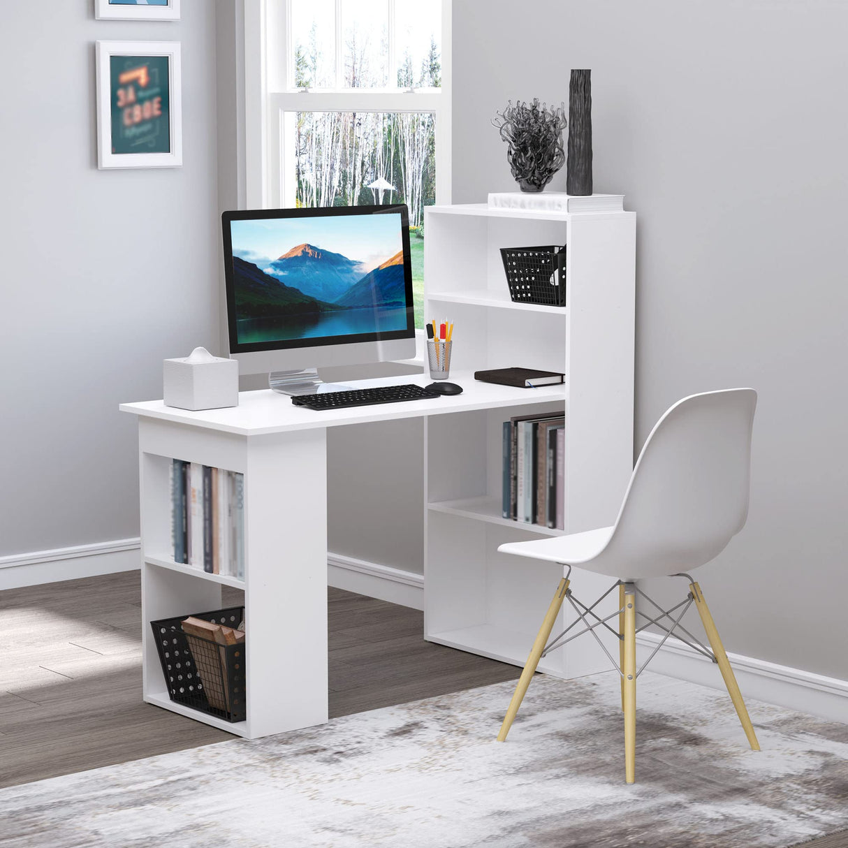 HOMCOM 47" Modern White Home Office Desk with 6-Tier Storage Shelves HOMCOM