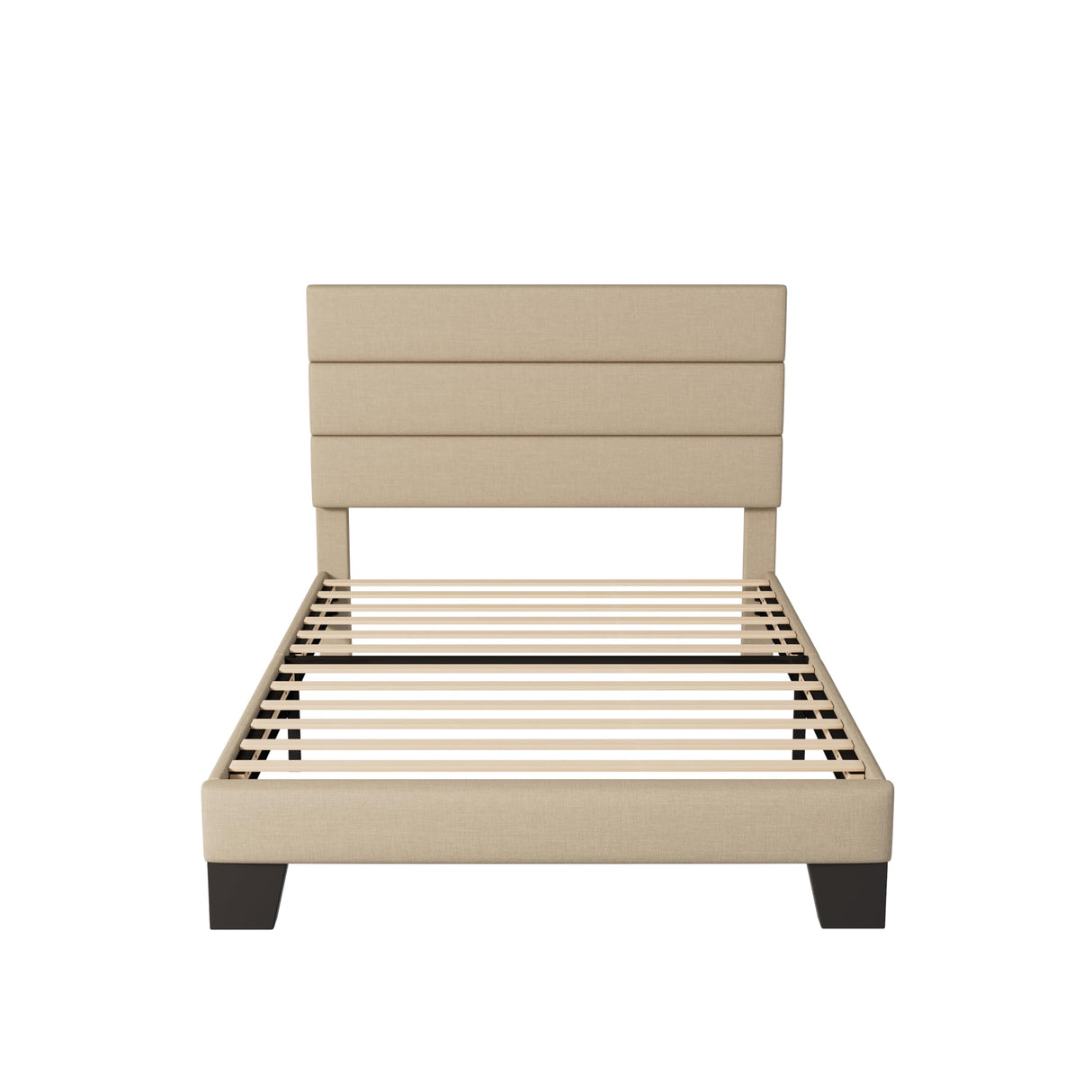 Allewie Twin Size Platform Bed Frame with Fabric Upholstered Headboard and Wooden Slats Support, Fully Upholstered Mattress Foundation/No Box Spring Needed/Easy Assembly, Beige Allewie