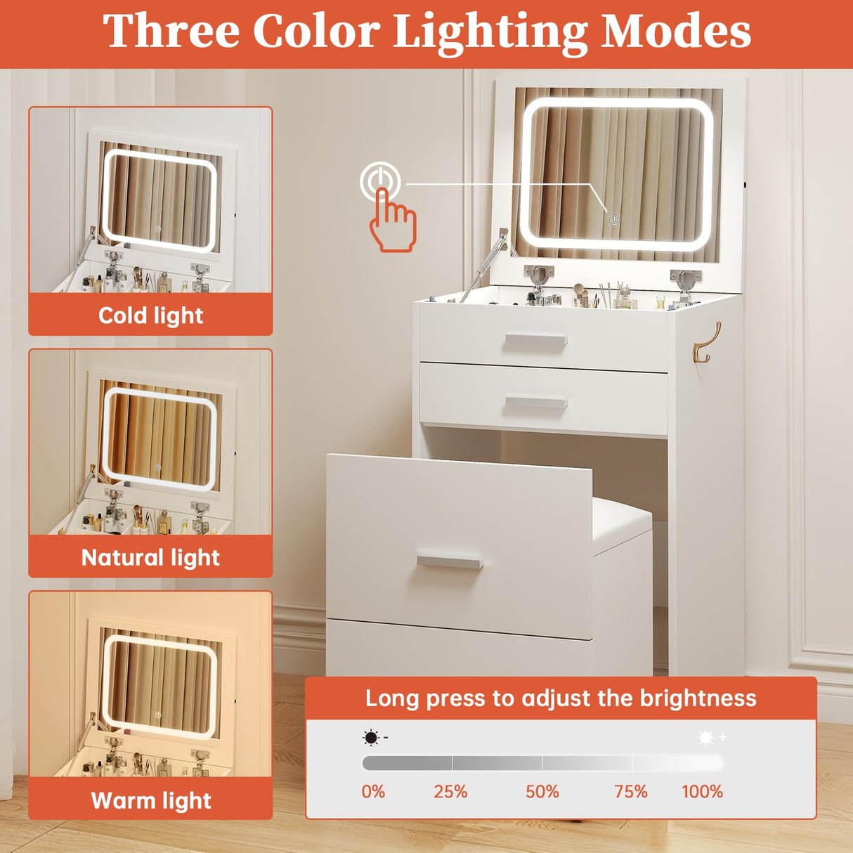 PulseFay Compact Vanity with 3 Drawers, 3 in 1 Vanity Desk, Makeup Desk with Flip-up 3 Colors Lighting Mirror and Cushioned Stool, Small Vanities Nightstand Perfect for Bedroom, White PulseFay