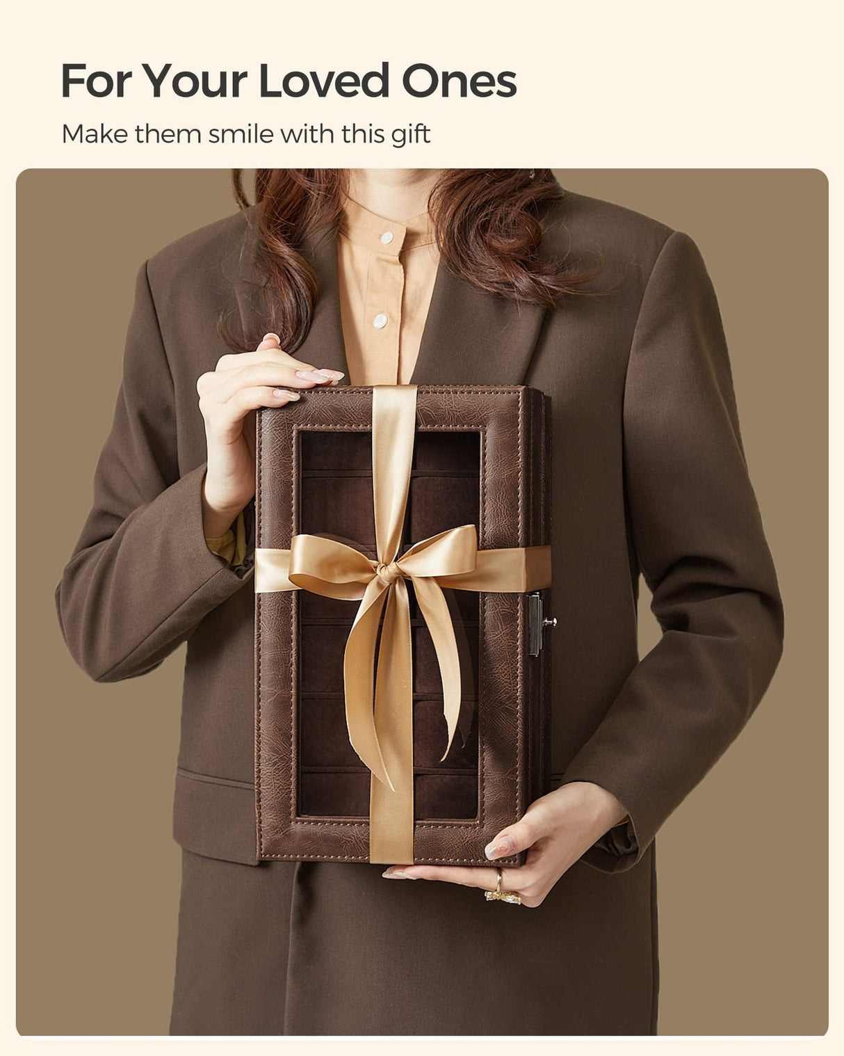 SONGMICS 12-Slot Watch Box, Lockable Watch Case with Glass Lid, 2 Layers, with 1 Drawer for Rings, Bracelets, Gift Idea, Brown Synthetic Leather, Brown Lining UJWB012K01 SONGMICS