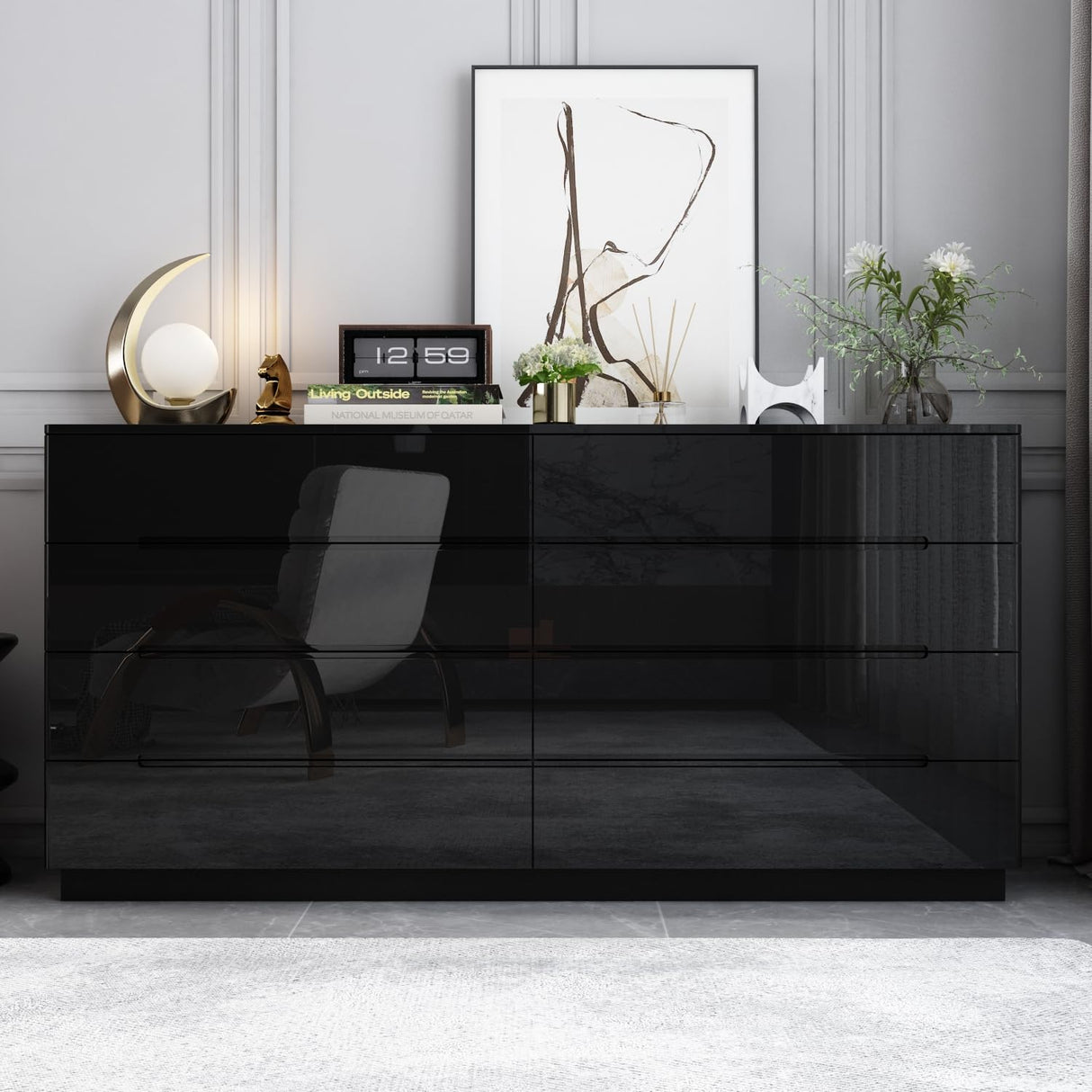 Homsee Large 8 Drawer Double Dresser with LED Light, Modern Dresser Chest of Drawers with High Gloss Surface for Bedroom, Black (63”W x 15.7”D x 30.9”H) Homsee