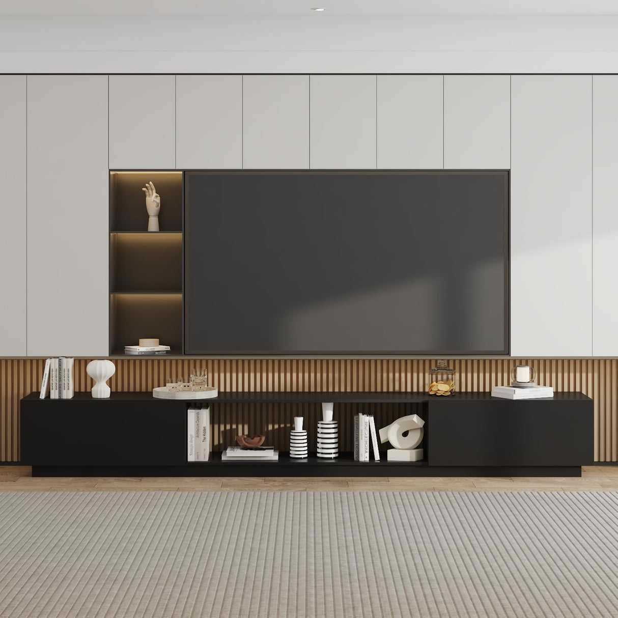 WOODTIME 109.4" W TV Stand for TVs up to 85 Inches, Extra Long Entertainment Center with 2 Large Drawers & Open Shelfs, Modern Wooden Media Console Cabinet for Living Room, Black WOODTIME