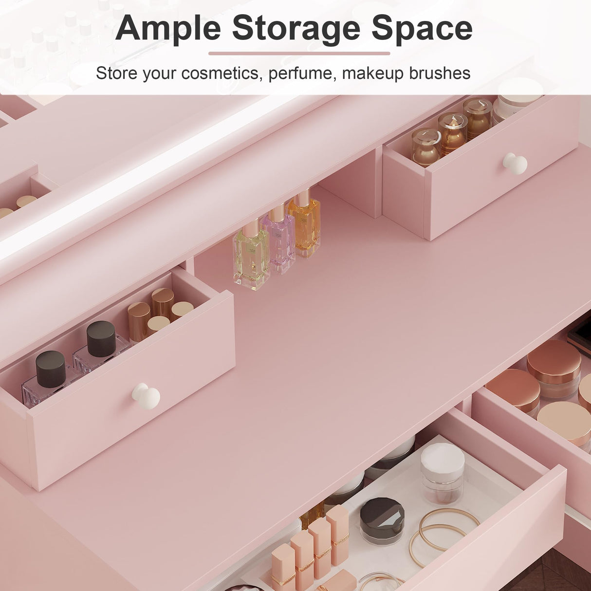 LIKIMIO Makeup Vanity Desk with Mirror and Lights, Pink Makeup Vanity Table Set with Stool Drawers, Power Socket, Dressing Table with 3 Lighting Colors, Vanities for Bedrooms LIKIMIO