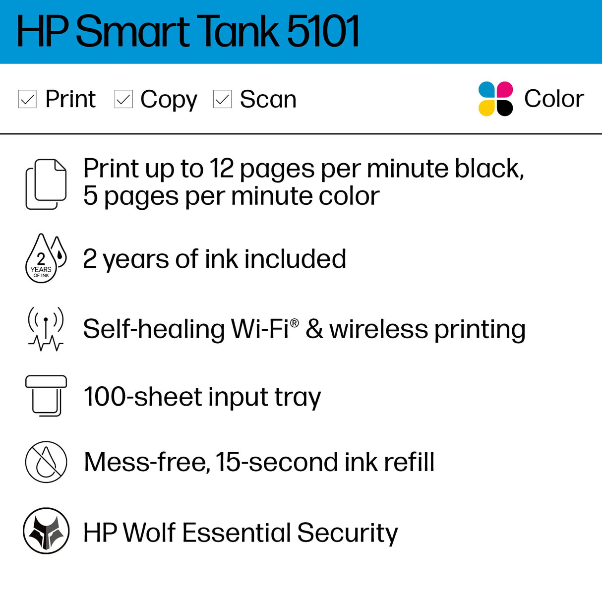 HP Smart Tank 5101 Wireless All-in-One Ink Tank Printer with 2 years of ink included,Print, scan, copy, Best-for-home, Refillable ink tank (1F3Y0A) HP