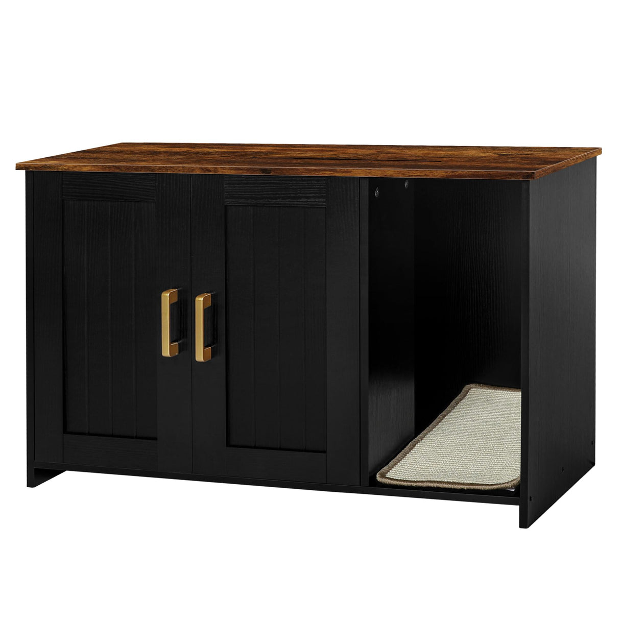 Dwanton Litter Box Enclosure, Cat Litter Box Furniture Hidden, with Scratching Mat, Wooden Cat Washroom Indoor, 31.5" L x 19.7" W x 21.7" H, Black and Rustic Brown Dwanton