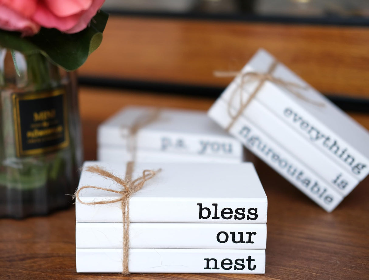 RUKEJUNE Mini White Decorative Books for Tiered Tray Decor, Faux Books for Coffee Table Decoration, Farmhouse Wood Book Stack Shelf Decor - Bless Our Nest Sign RUKEJUNE