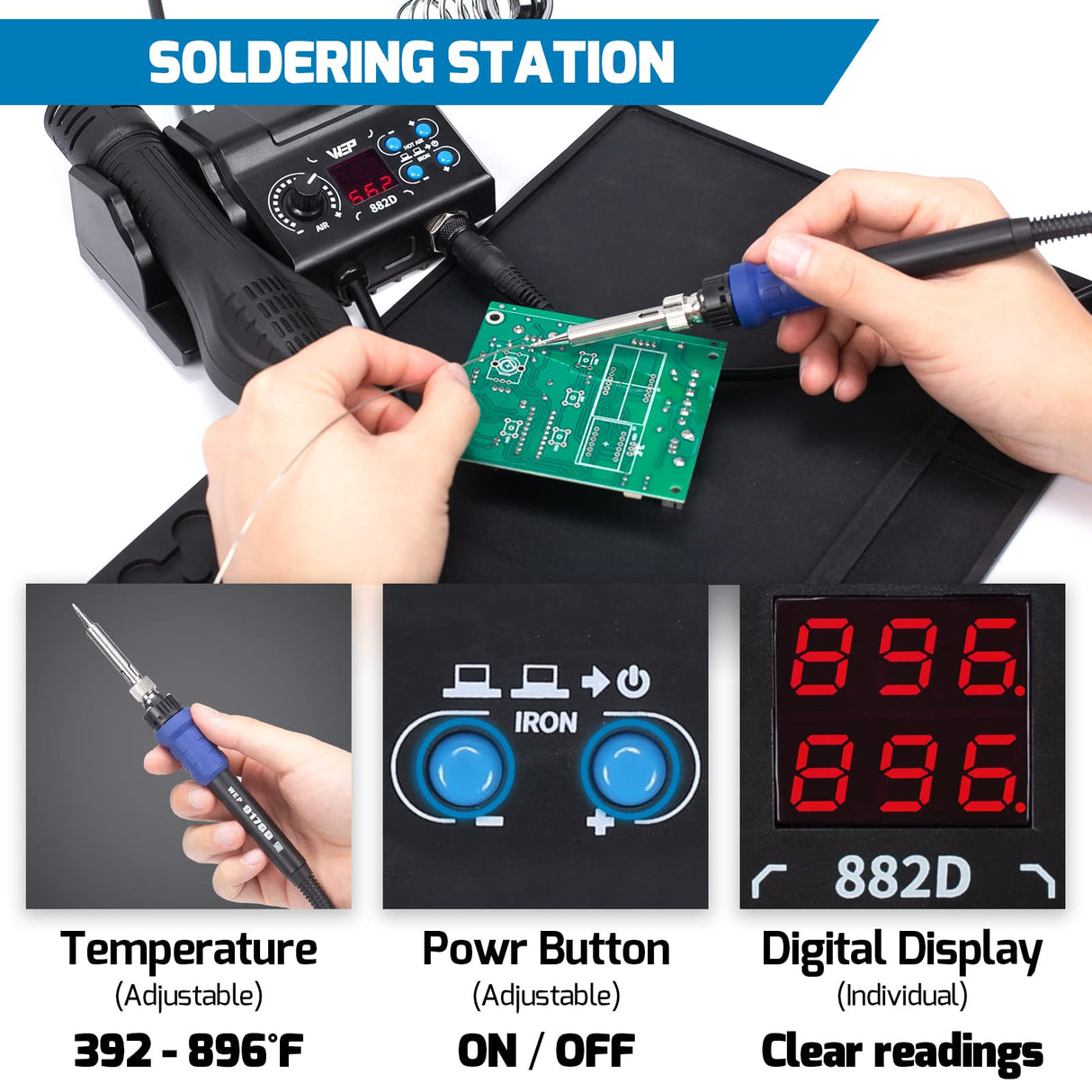 WEP 882D Soldering Iron Station 2-IN-1 SMD Hot Air Rework Station with 2 Spools of Solder Wire, 5 Soldering Tips, 3 Hot Air Nozzles, Brass Wool Tip Cleaner, Tweezers, Desoldering pump WEP