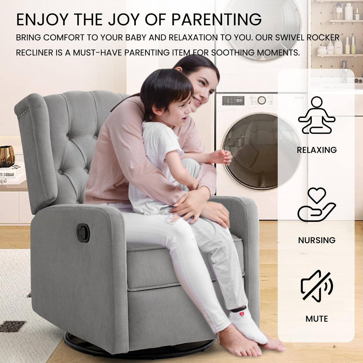 360 Swivel Rocker Recliner Chair for Adults, Nursery Chair for Small Spaces Living Room, Upholstered Fabric Glider Recliner, Pigeon Grey RESTREAL