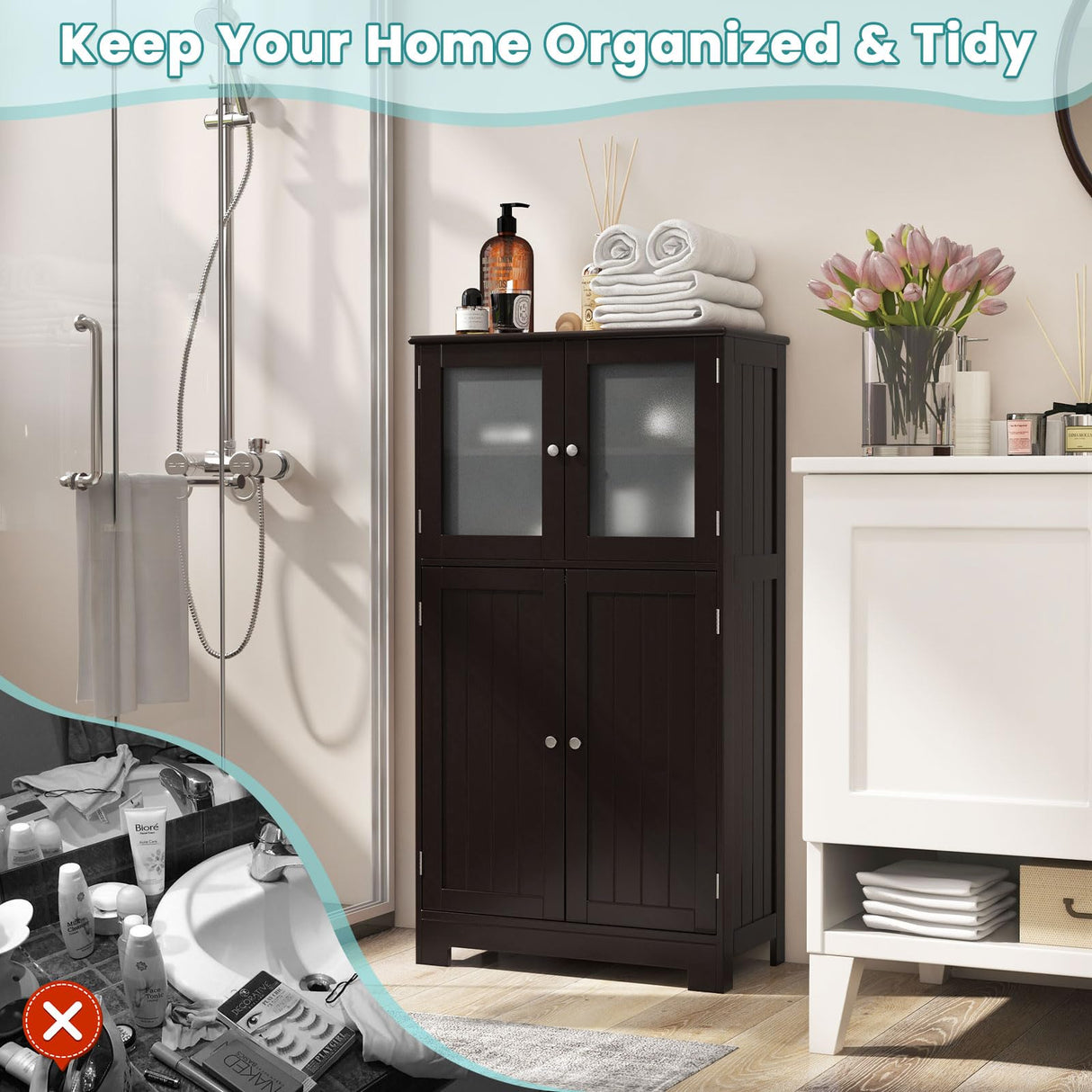 COSTWAY Brown Wooden Bathroom Storage Cabinet with Adjustable Shelf and Doors COSTWAY