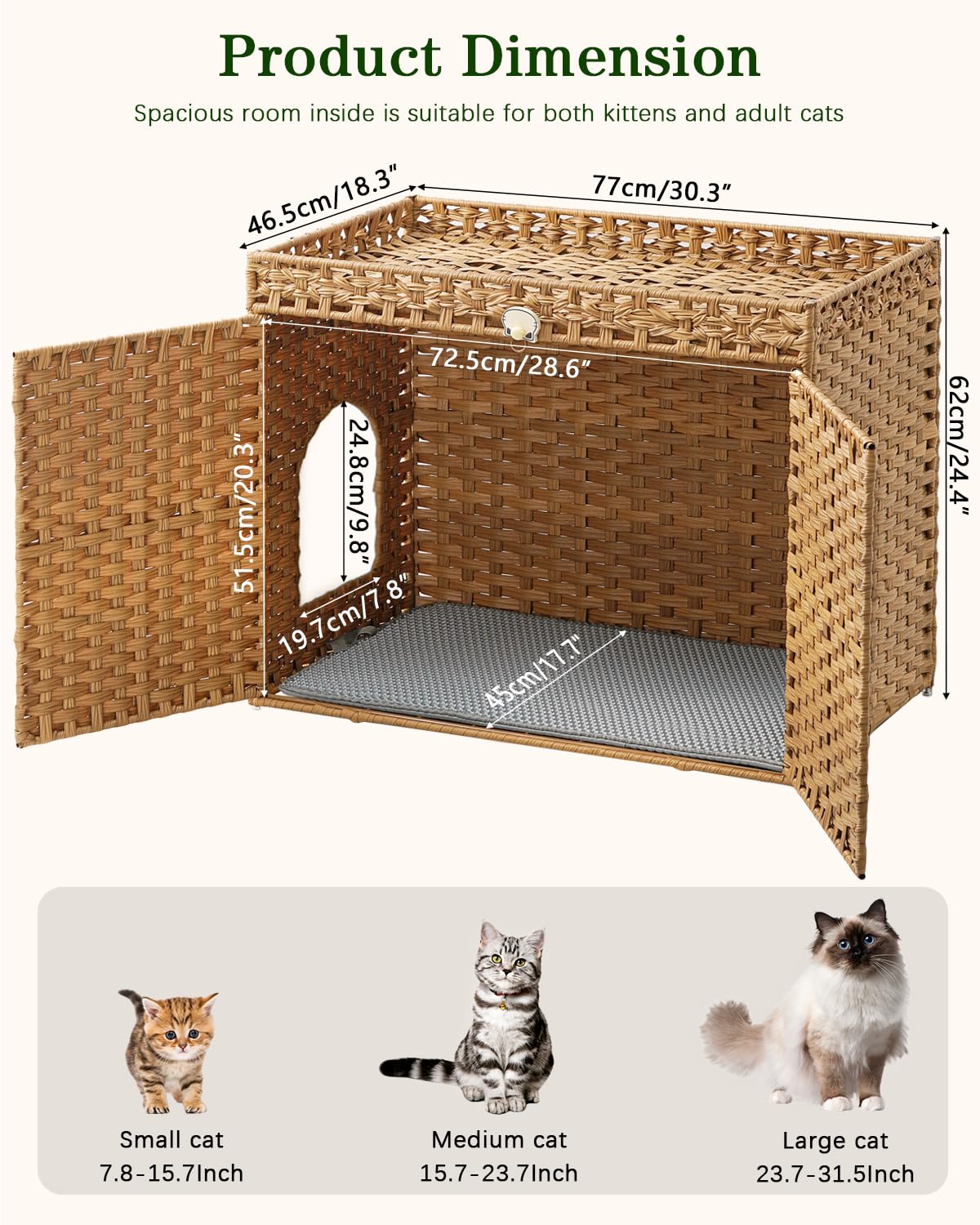 SETVSON Cat Litter Box Enclosure Furniture, Handwoven Rattan Hidden Litter Box with Mat, Large Space Cat House with 2 S-Shaped Hooks 30.3 x 18.3 x 24.4 Inches, Indoor for Living Room Apartment Natural SETVSON