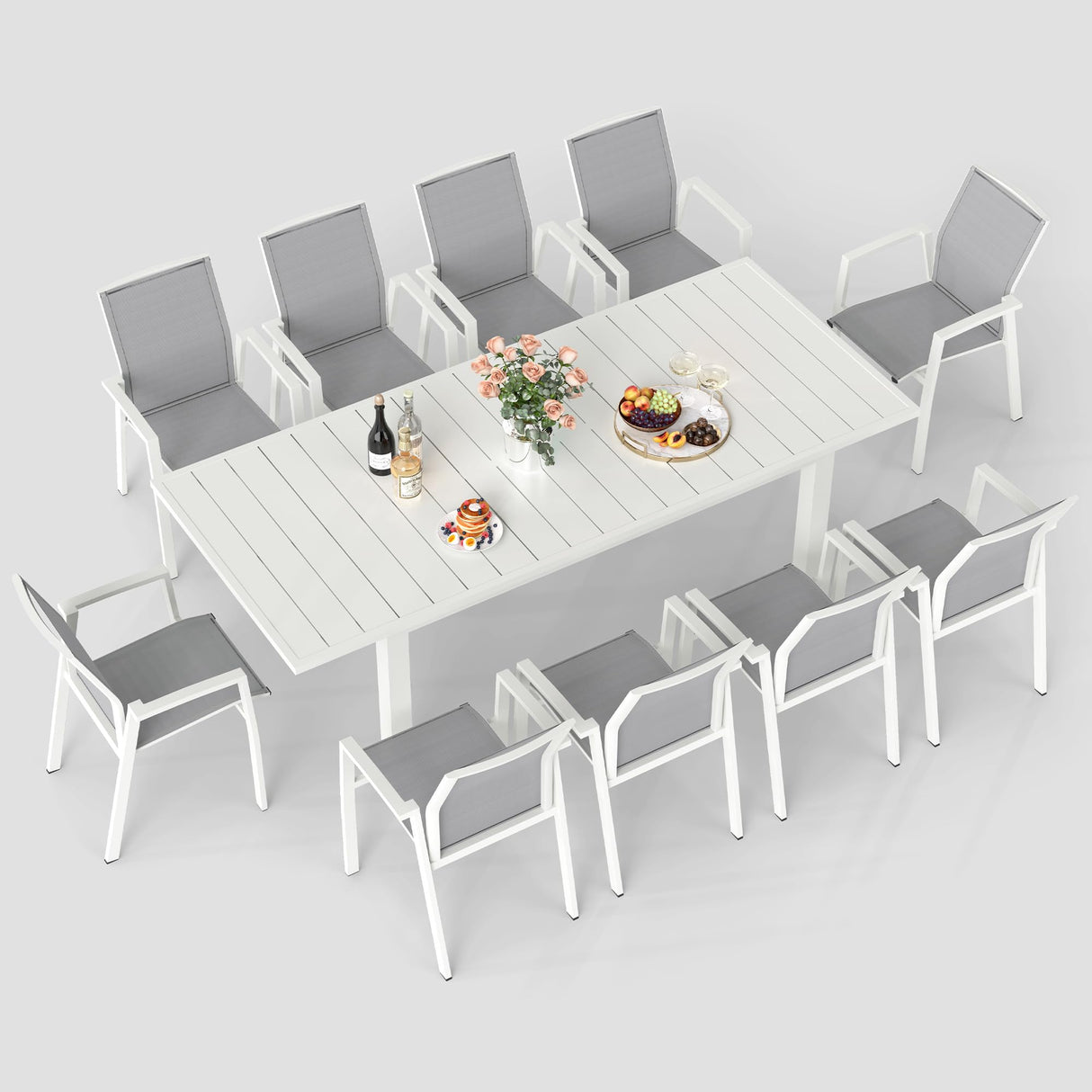 11-Piece Aluminum Outdoor Patio Dining Sets with Fully Assembled Dining Chair,91.3"L×39.4"W Expandable Patio Table and Chairs Set for 10, Stackable Chairs with Quick-Drying Fabric for Outdoor, White Wisteria Lane