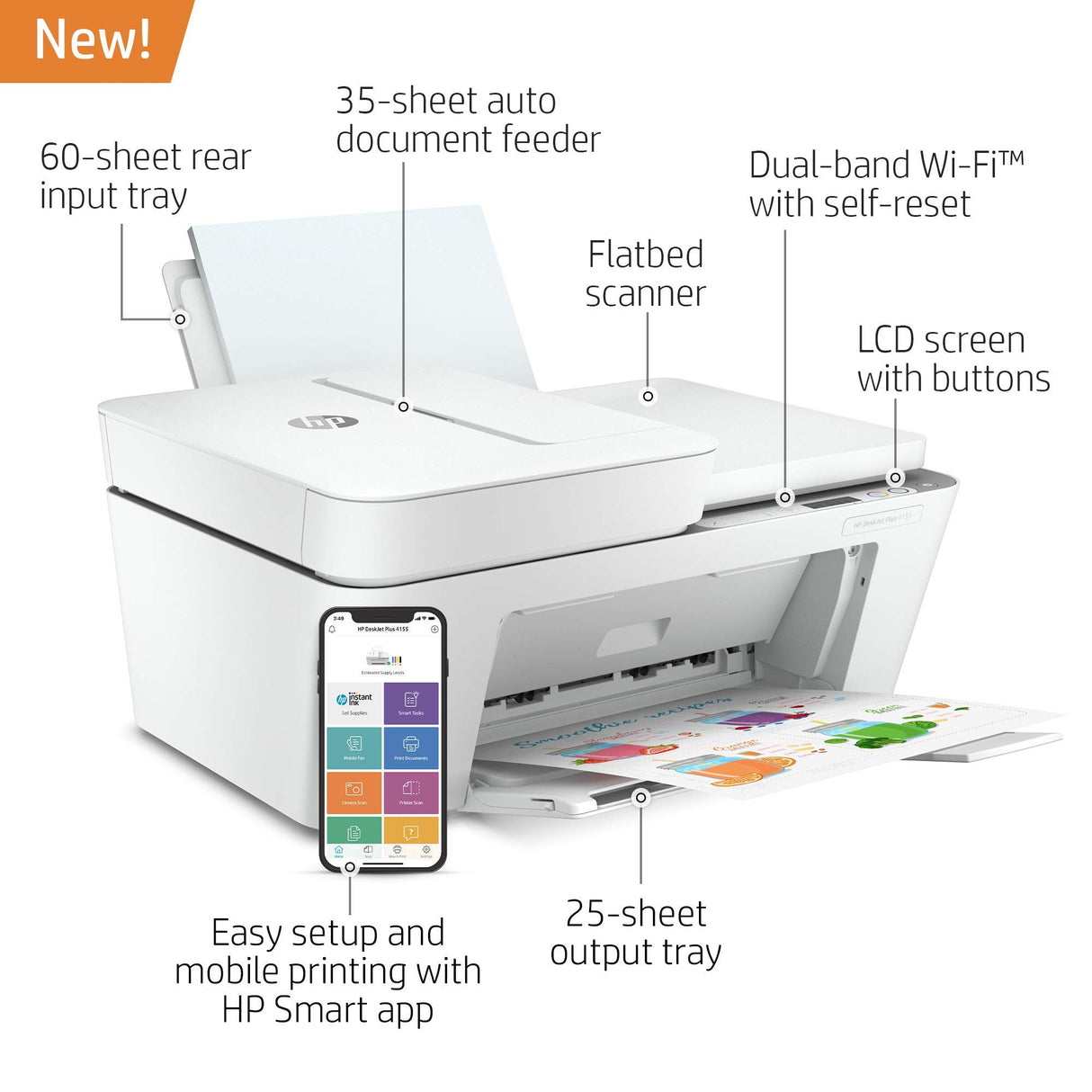 HP DeskJet Plus 4155 Wireless All-in-One Printer - Compact Inkjet Printer with Mobile Printing, Scanner, Copier, Bluetooth, Home Office & WiFi Compatible - 3XV13A (Renewed) HP