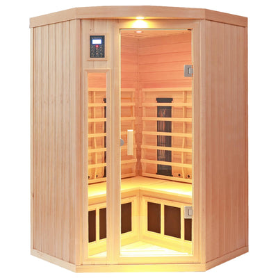 KUNSANA Ceramic Infrared Sauna 2-3 Person Far Infrared Saunas for Home Low EMF Indoor Home Sauna Hemlock Wooden Corner Sauna Room w/Bluetooth Speaker, LED Reading Lamp, Chromotherapy Light