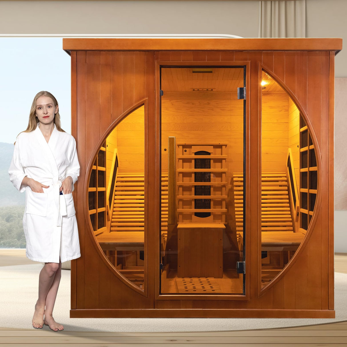Smartmak Far Infrared Two Person Wood Sauna, Canadian Red Cedar Home Luxurious Wooden Spa Room with Recliner, 3400W Indoor Sauna Detox Therapy with Bluetooth Speaker, Light, Oxygen Bar, 9 Heaters Smartmak