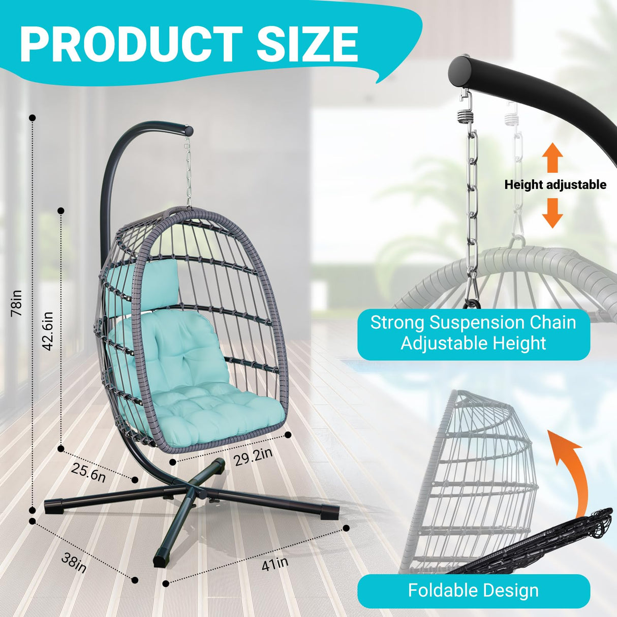 LEVELEVE Egg Chair with Stand,Patio Rattan Wicker Hanging Swing Egg Chair Hammock Chair for Bedroom Porch Garden,Thickened Aluminum Alloy Steel Frame and UV Resistant Cushion,350LBS Capacity LEVELEVE