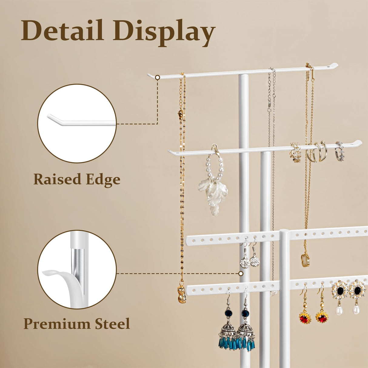 pickpiff Jewelry Stand Organizer, 14.5" Tall Sturdy Metal, 3-TierJewelry Holder for Necklace, Earring, Bracelet, Ring, Hanger for Display and Storage, Aesthetic Room Decor, White pickpiff