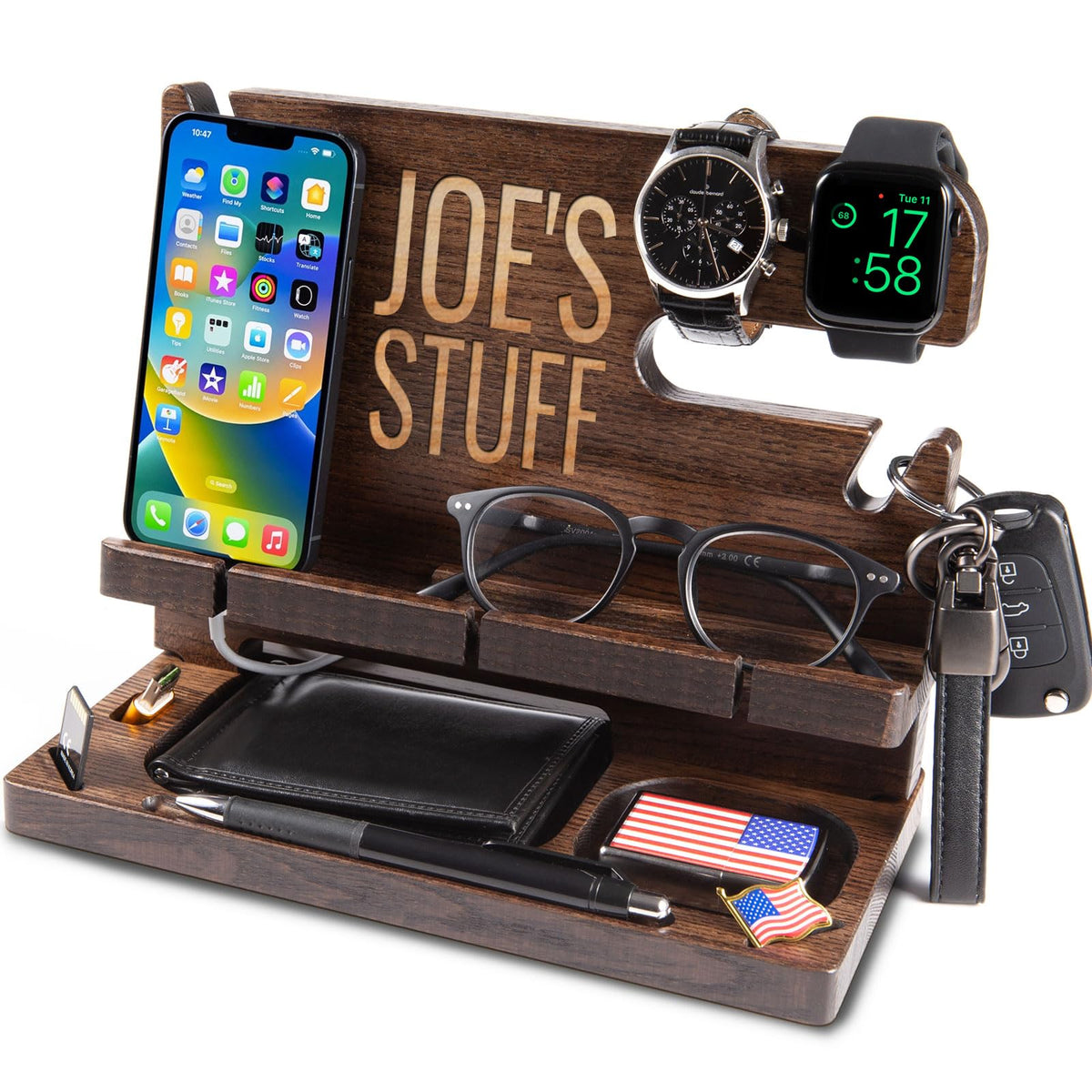 GRETAOTO Organizer Da Scrivania In Legno Nero Con Inserto Colorato – Svuotatasche Per Cellulare, Orologio E Chiavi – Regalo Per Uomo - 2
