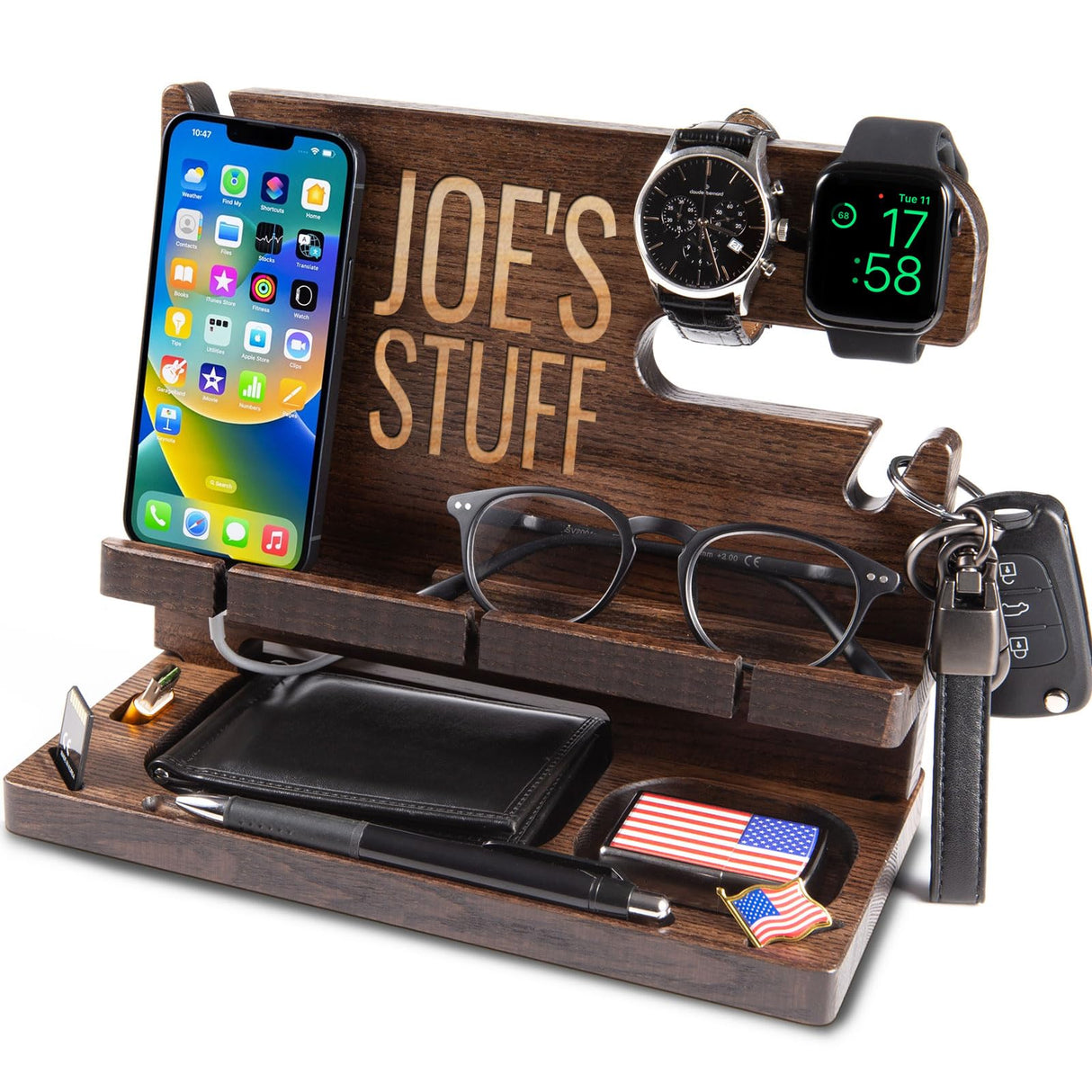 GRETAOTO Personalized Wood Docking Station for Cell Phone, Tablet, Wallet, Watch, Keys, Desk Nightstand Organizer, Valentines Day, Gifts for Men (Deep Brown) Greta Oto