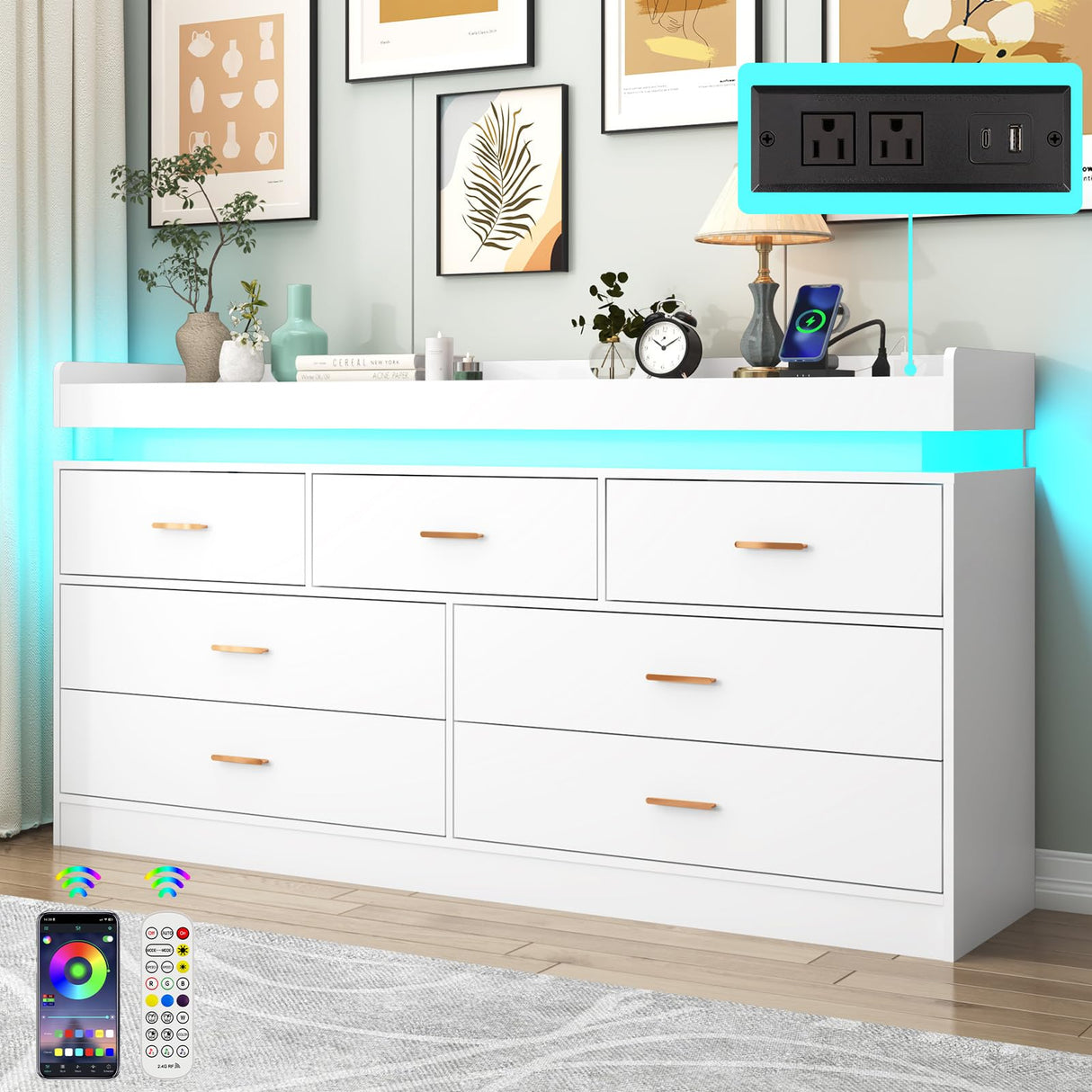 Hlivelood 7 Drawer Dresser with LED Light and Charging Station, Modern Chest of Drawers for Closet, Wide Drawer Organizer Cabinet for Bedroom, Living Room, Entryway, Hallway, White Hlivelood