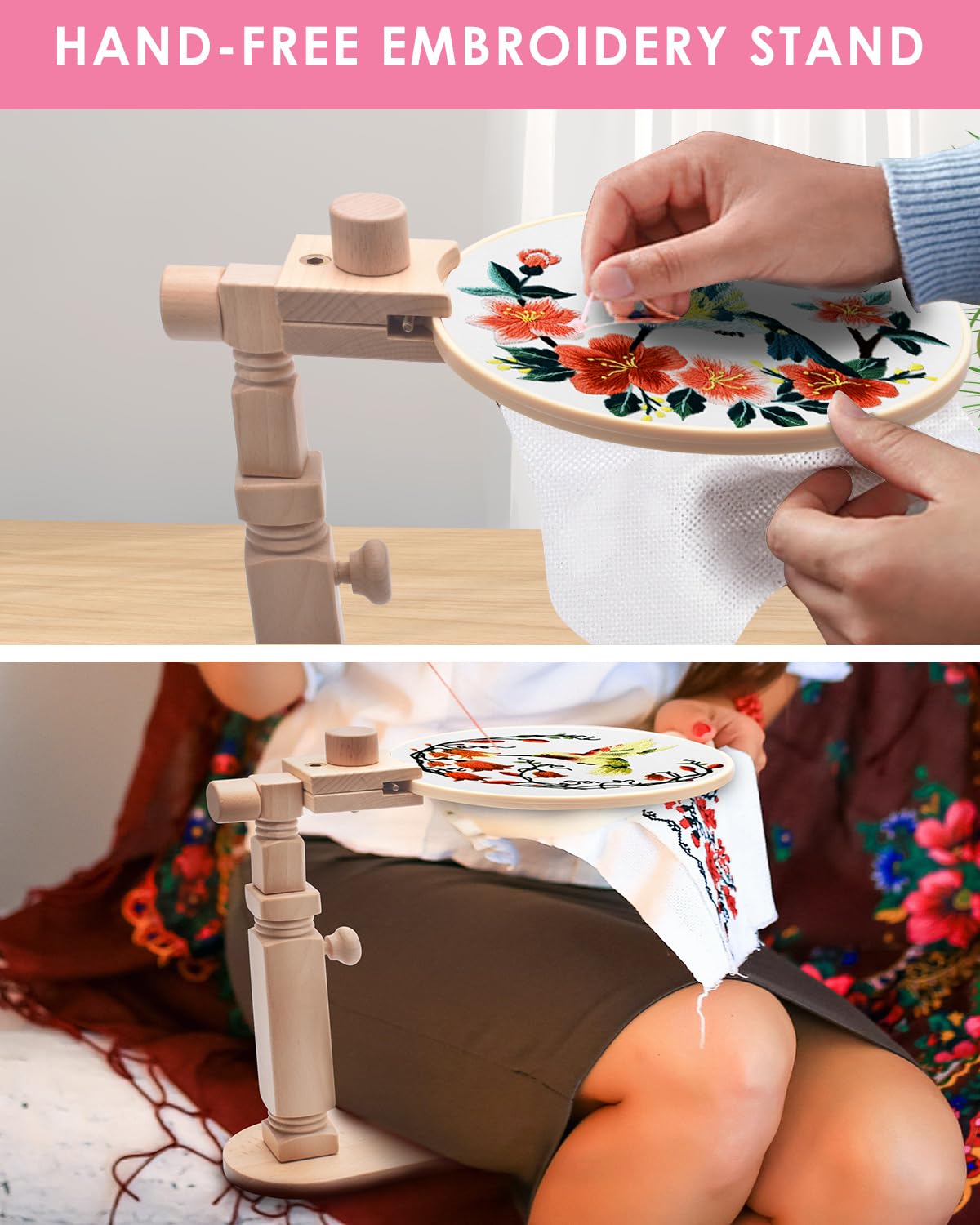 TINDTOP Beech Wood Embroidery Hoop Stand, with 3pcs Embroidery Hoops (3inch + 6inch + 8inch), Adjustable Rotated Wooden Embroidery Hoop Holder for Cross Stitch and Embroidery Projects TINDTOP