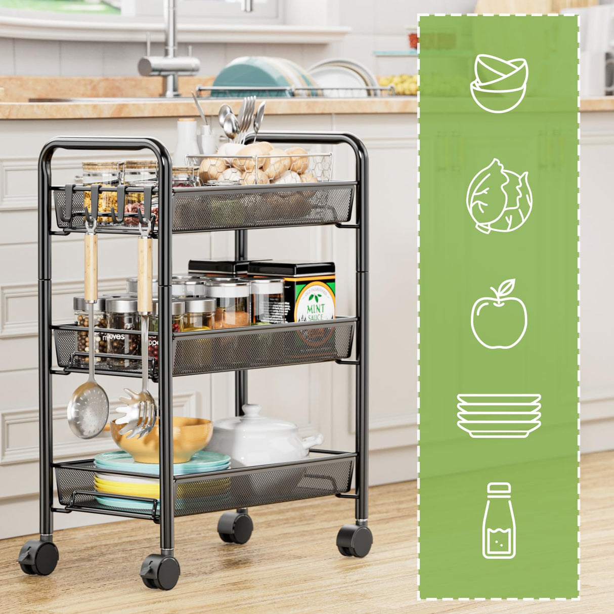 JANE EYRE 3-Tier Rolling Utility Storage Rack Cart on Wheels, Trolley Craft cart, Multi-Purpose Organizer Shelf, Black JANE EYRE