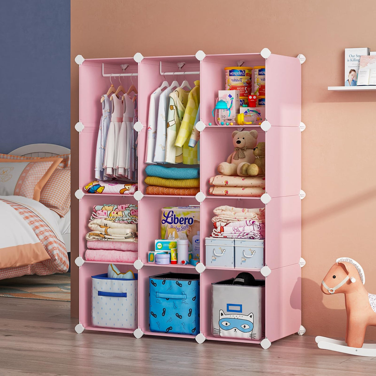 VIPZONE Baby Dresser, Kids Closet Organizers, Portable Kids Wardrobe for Closet, Bedroom, Nursery, Cubby, Cabinet, Clothes, Dress, Baby Storage Shelf, Armoire Clothes Hanging (12 Cube, Pink) VIPZONE
