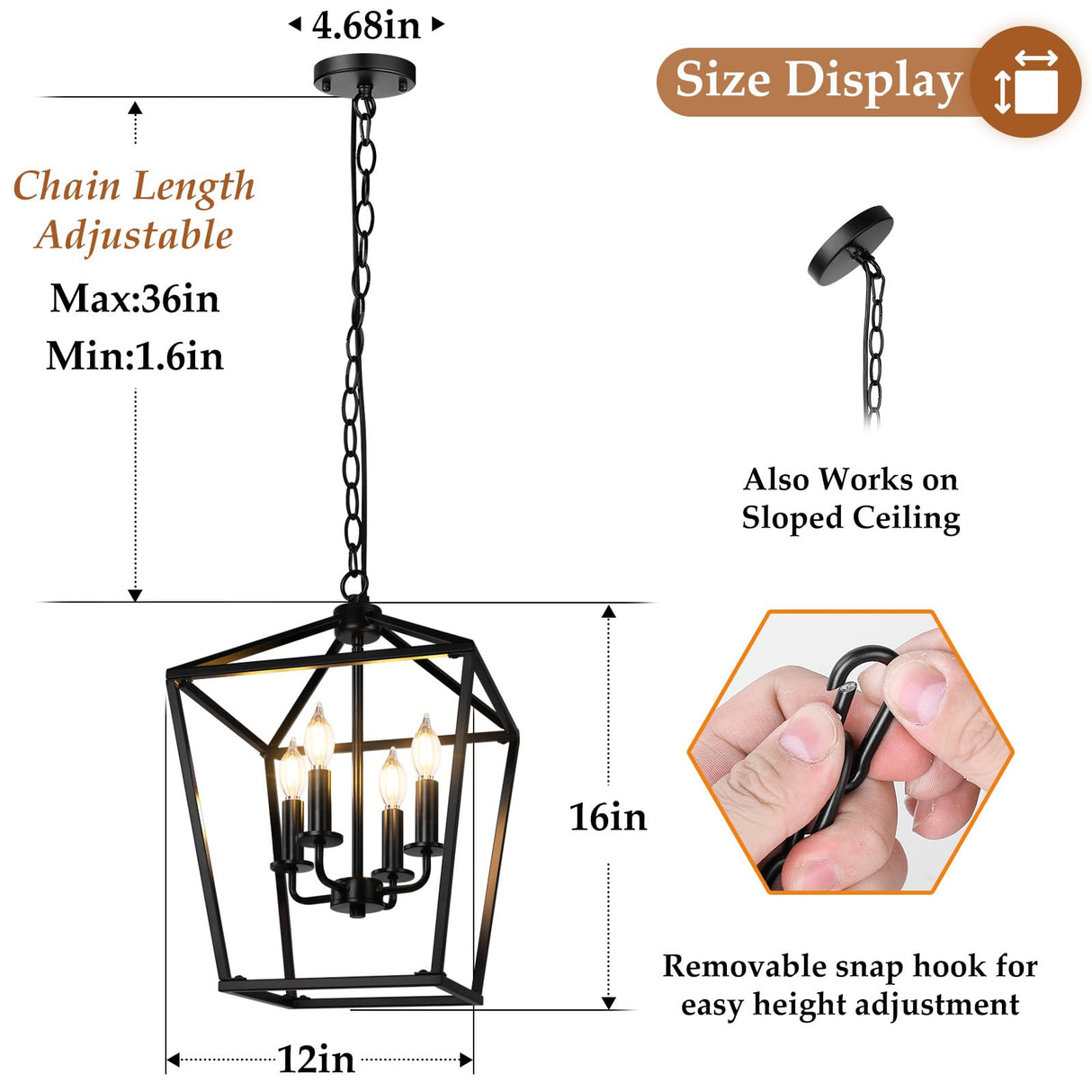 BrightHome Farmhouse Chandelier 4-Light, Black Pendant Light Fixture for Kitchen Island Dining Room, Lantern Industrial Lighting Ceiling Hanging with Metal Cage Adjustable Height for Entryway Foyer BrightHome