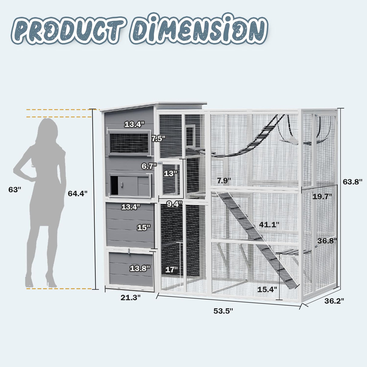 Catio Outdoor Cat Enclosure,4 Tiers Large Enclosures for Mulitiple Cats Walk in Cat Patio with Waterproof Roof, 74" Outdoor Catios with Hanging Hammock (Grey, 74”) QUYZE