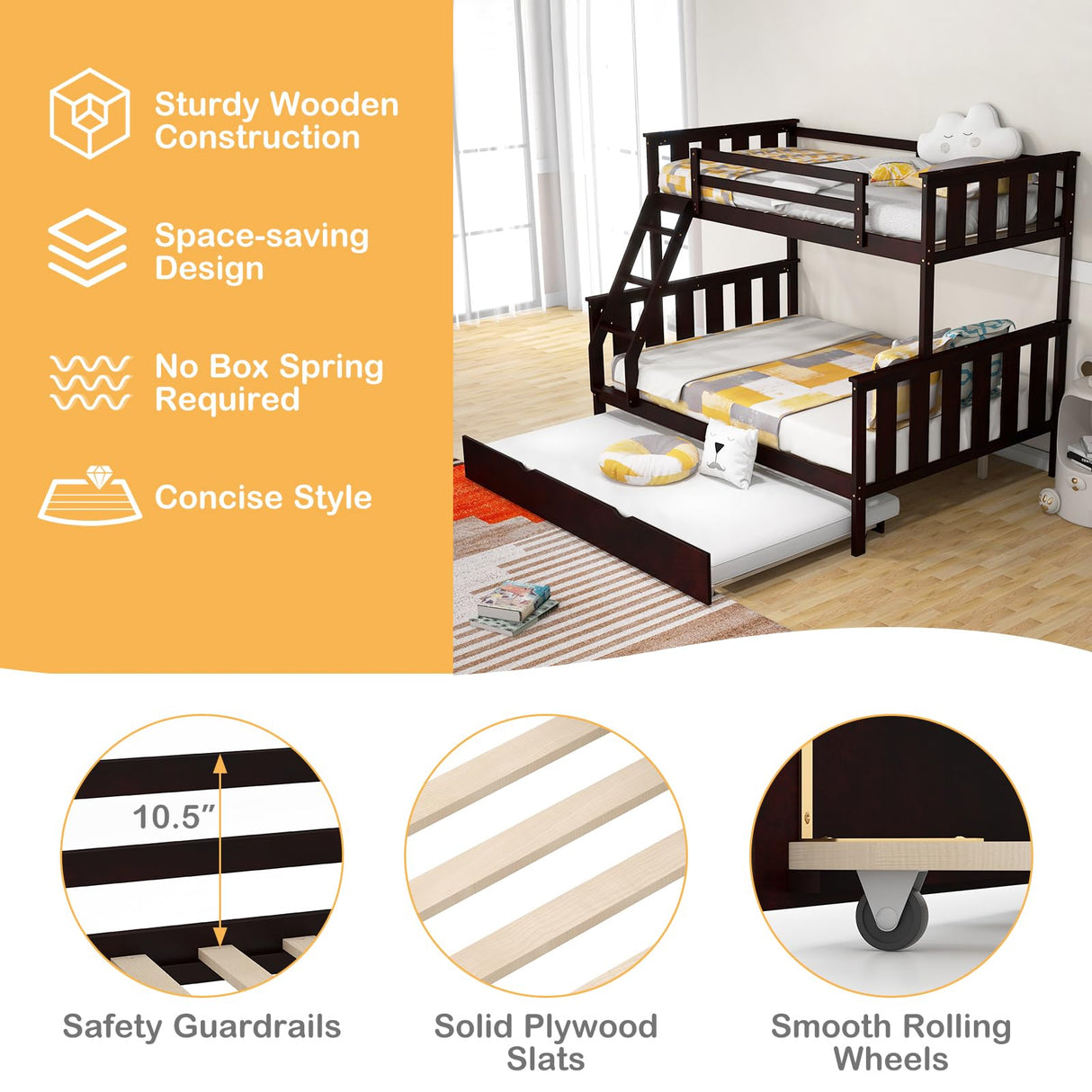 KOMFOTT Espresso Wood Twin Over Full Bunk Bed with Trundle, 250/400 lbs Capacity, Solid Pine Frame, Convertible to 2 Separate Beds, No Box Spring Needed KOMFOTT