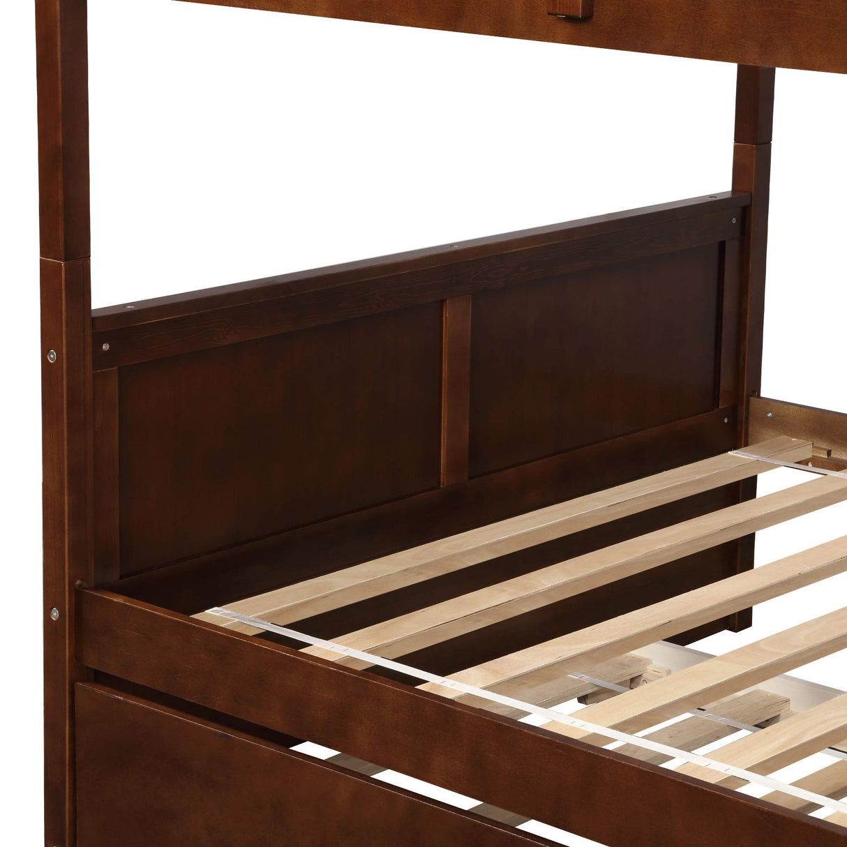 KLMM Full Over Full Bunk Bed with Trundle, Solid Wood Bunk Bed with Ladder and Safety Guard Rail, Can Accommodate 5 Person, Apply to Bedroom/Dormitory (Walnut) KLMM