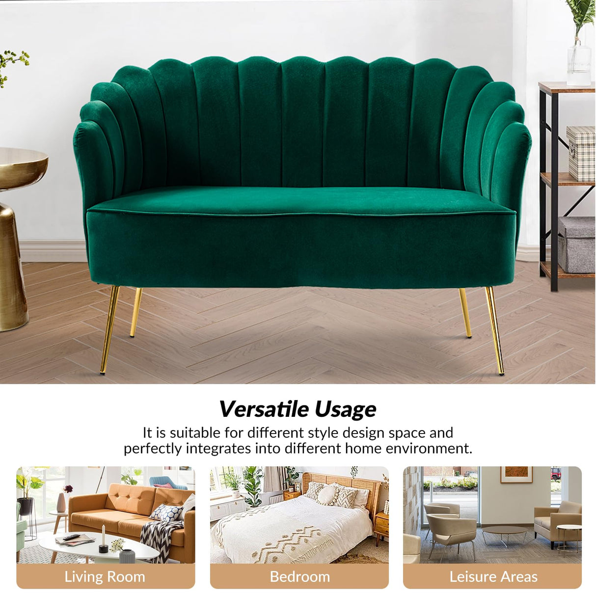 HULALA HOME Velvet Loveseat Sofa with Flower Shaped Back, Modern 2-Seater Sofa for Living Room Bedroom, Comfy Upholstered Small Love Seat Couch with Gold Legs, Green HULALA HOME
