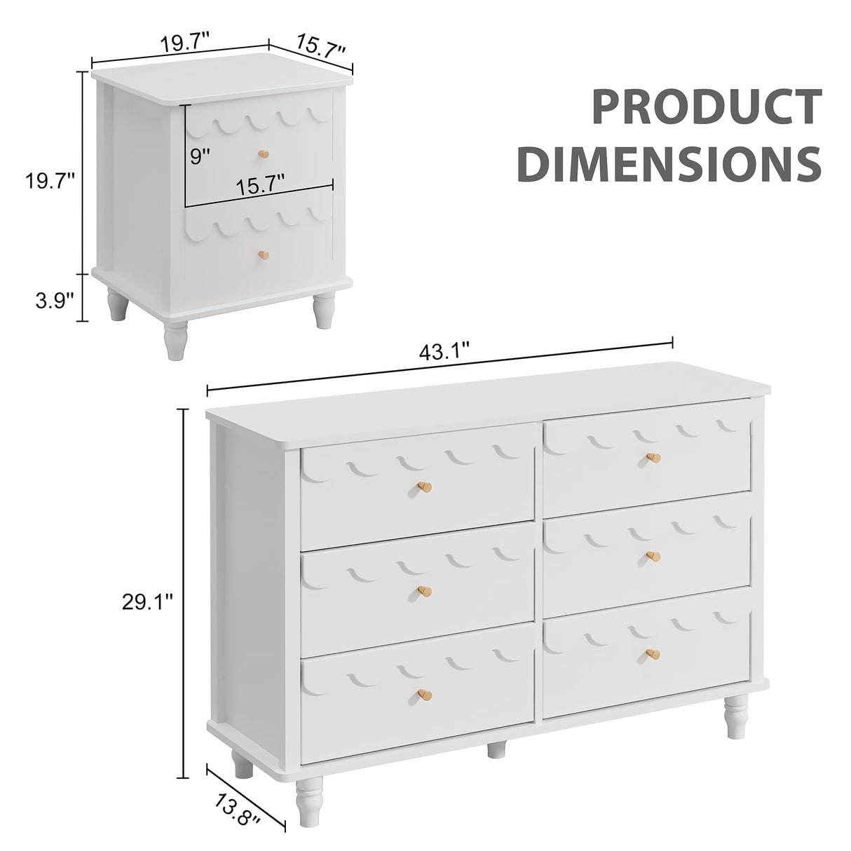 Anbuy 3 Pcs Bedroom Sets, Scalloped 6 Drawer Dresser and Night Stand Sets for Bedroom, Two Drawers Nightstand Set of 2 & 6 Drawer Dresser Combo 3 Pieces (White)