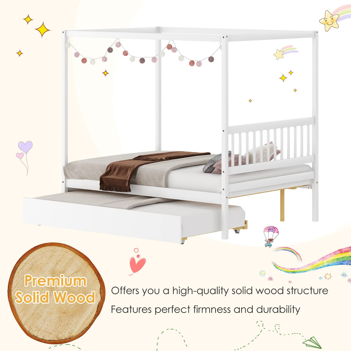 KOMFOTT Space-Saving Full Wood Canopy Bed with Twin Trundle for Kids - Easy Assembly in White KOMFOTT