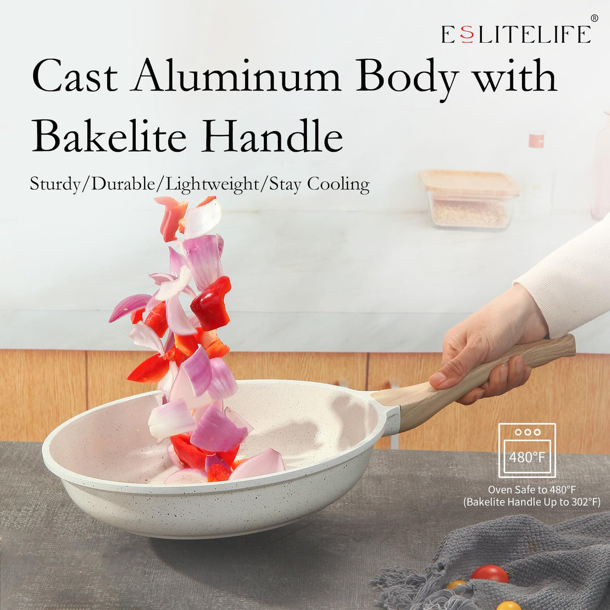 ESLITE LIFE Nonstick Ceramic Frying Pans Skillets Set, Non-Toxic Egg Omelette Kitchen Cooking Pans Compatible with All Stovetops (Gas, Electric & Induction), PTFE & PFOA Free (White) ESLITE LIFE